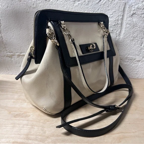 Kate Spade Auburn Place Cayton Satchel Bag Patent Cow Leather Cream and Black - Picture 2 of 15